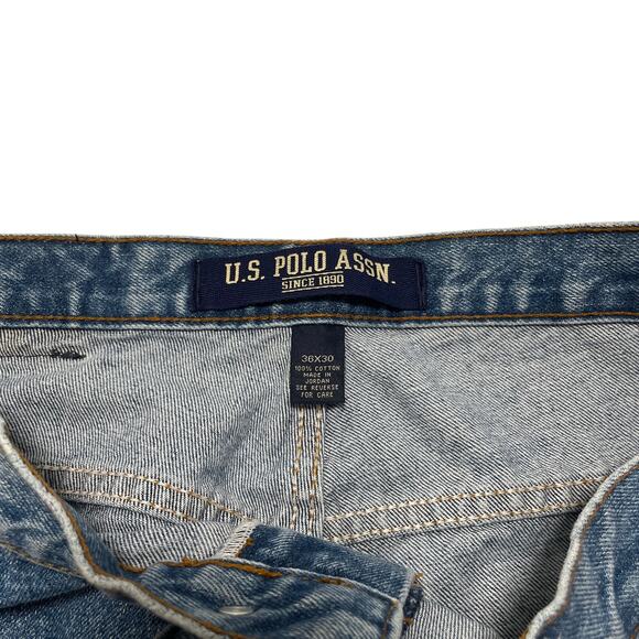 VTG Y2K 00s Polo ASSN Blue Embroidered Carpenter Baggy Wide Leg Jeans 36x30 - Picture 3 of 5